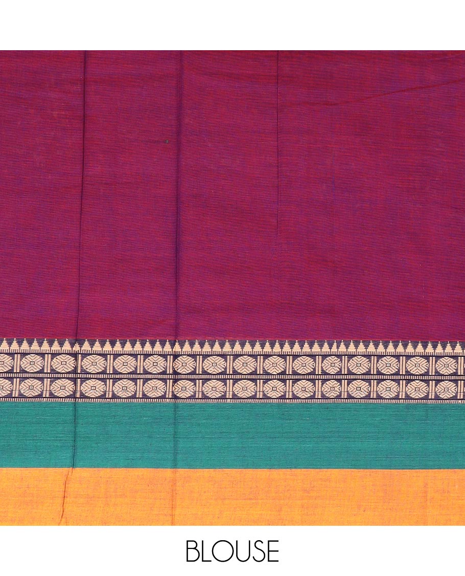 Purple plain Narayanapet cotton saree, contrast rudraksham and temple motifs thread woven border, and striped pallu