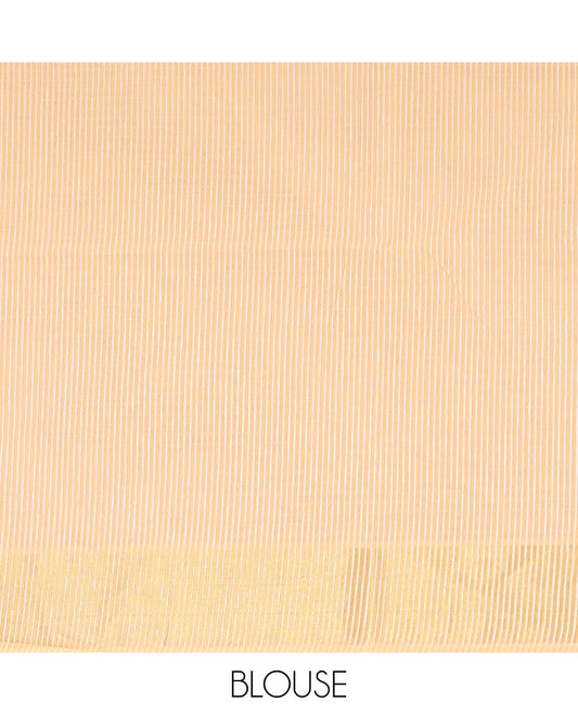 Orange zari striped jute cotton saree, bavanji border, and striped pallu