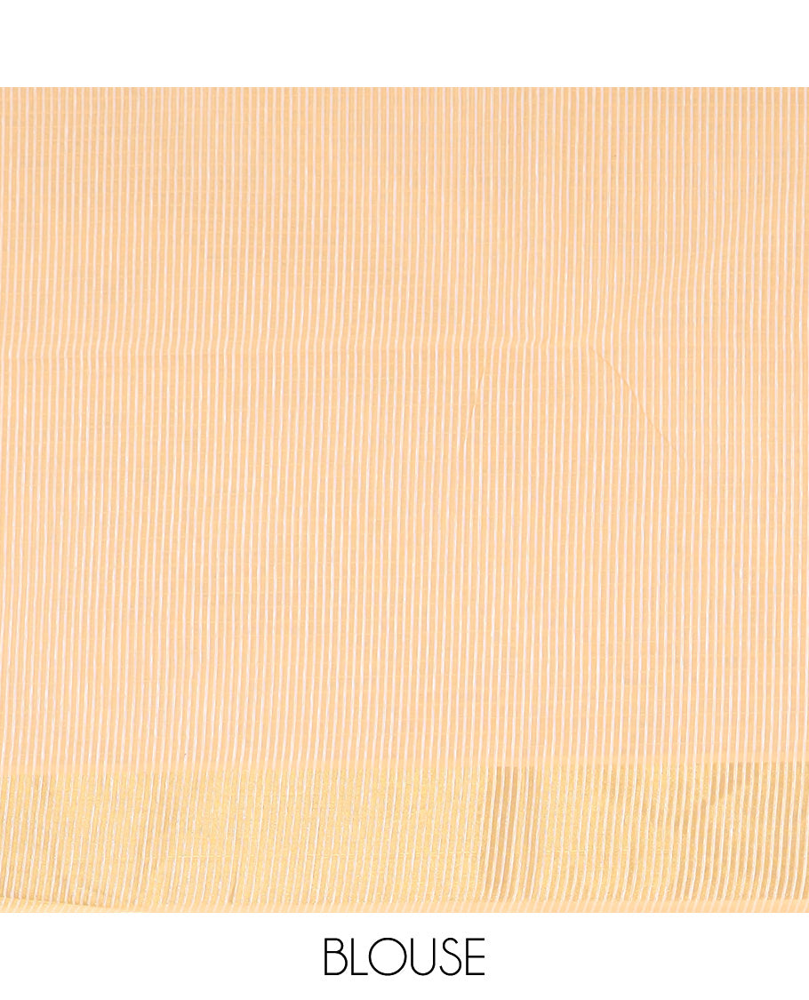 Orange zari striped jute cotton saree, bavanji border, and striped pallu