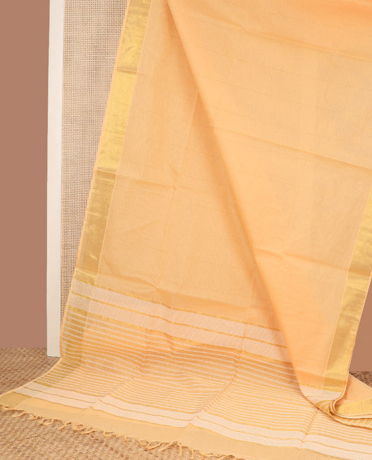 Orange zari striped jute cotton saree, bavanji border, and striped pallu