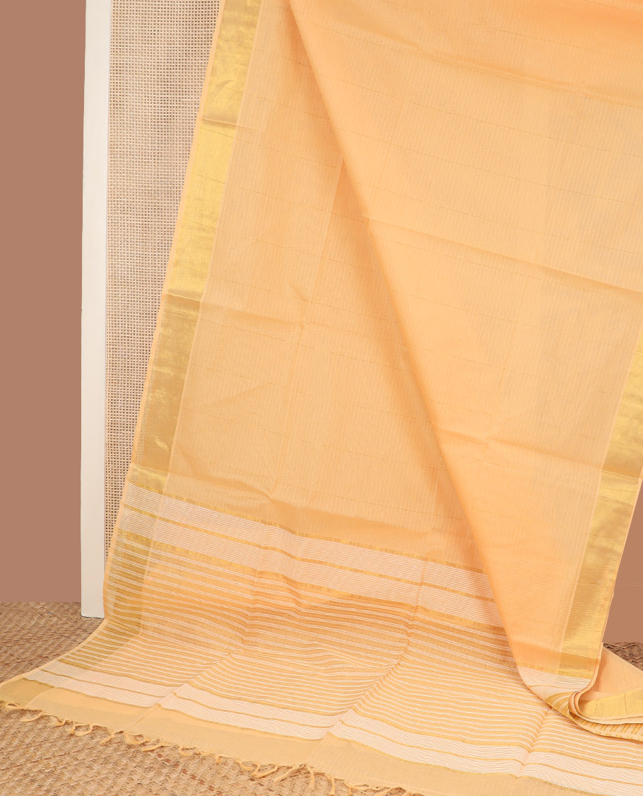 Orange zari striped jute cotton saree, bavanji border, and striped pallu