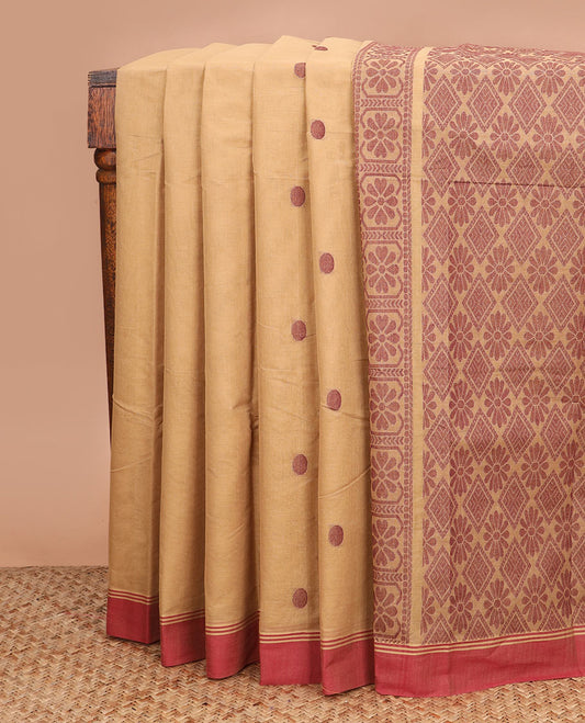 Sandal buttas kanchi cotton saree, contrast border, and floral, and diamond patterned pallu