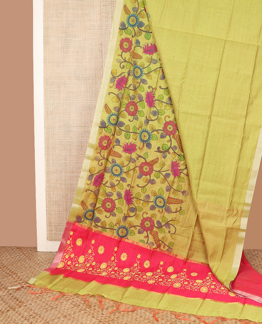 Green kalamkari floral vine printed Chirala cotton saree, plain border, and contrast floral printed pallu