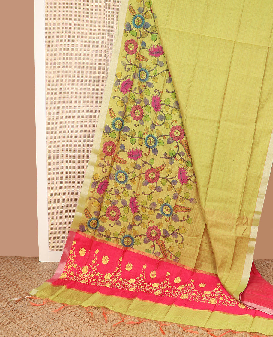 Green kalamkari floral vine printed Chirala cotton saree, plain border, and contrast floral printed pallu