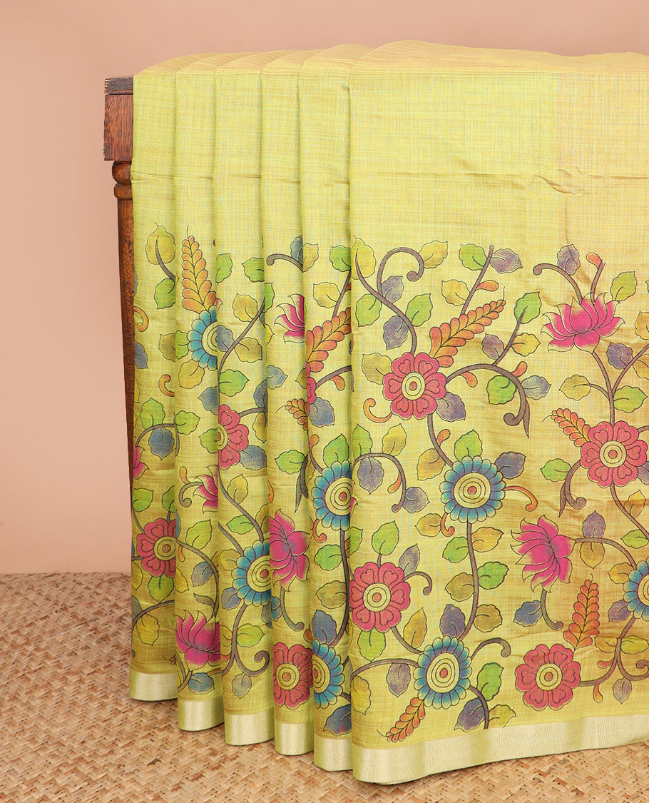 Green kalamkari floral vine printed Chirala cotton saree, plain border, and contrast floral printed pallu