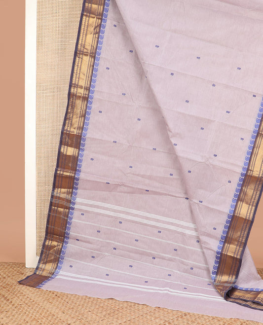 Grey buttas Chettinad cotton saree, contrast traditional design border, and striped pallu