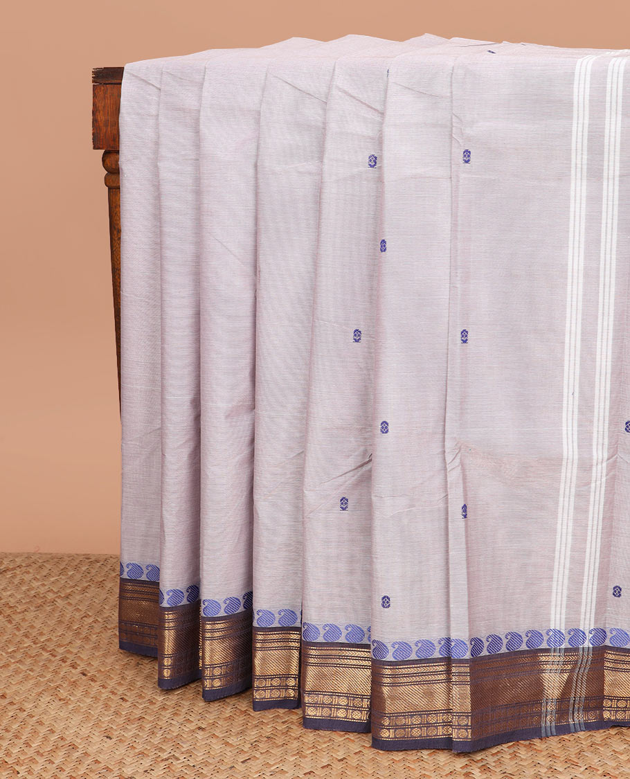 Grey buttas Chettinad cotton saree, contrast traditional design border, and striped pallu