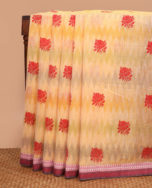 Multi-color light rainbow-colors dyed with rose buttas chirala cotton saree, contrast temple border, and striped pallu