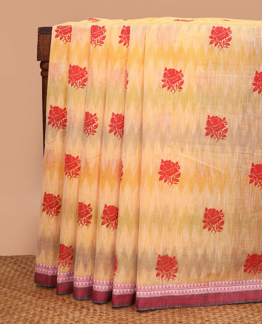 Multi-color light rainbow-colors dyed with rose buttas chirala cotton saree, contrast temple border, and striped pallu