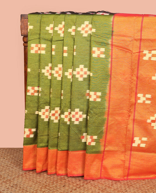 Green Ikkat Cotton Saree, Adorned with Ikkat-Style Unique Buttas Woven All Over Its Body, Complemented by a Contrast Border, Pallu of Buttas in Ikkat Weave, and No Blouse