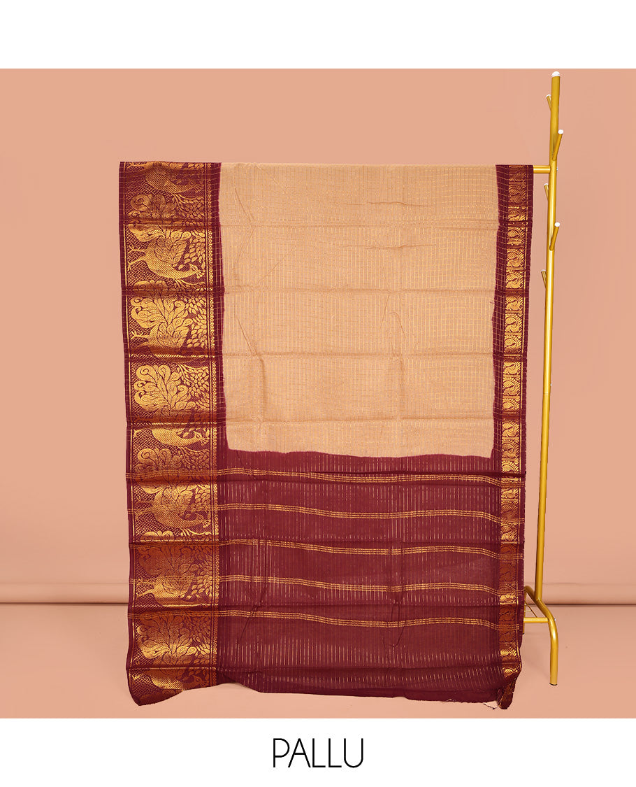 Sandal Sungudi Cotton Saree, Subtly Sparkled with Zari Checks on Its Body, Complemented by a Contrast Traditional Zari Border of Big Peacocks, Zari-Striped Pallu, and Paired with a Contrast Blouse