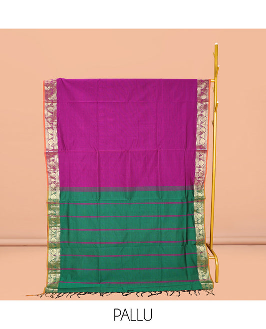Rani Pink Plain Poly Cotton Saree, Complemented by a Contrast Traditional Zari Border of Temple and Rudraksham Designs, Contrast Striped Pallu, and Paired with a Contrast Blouse