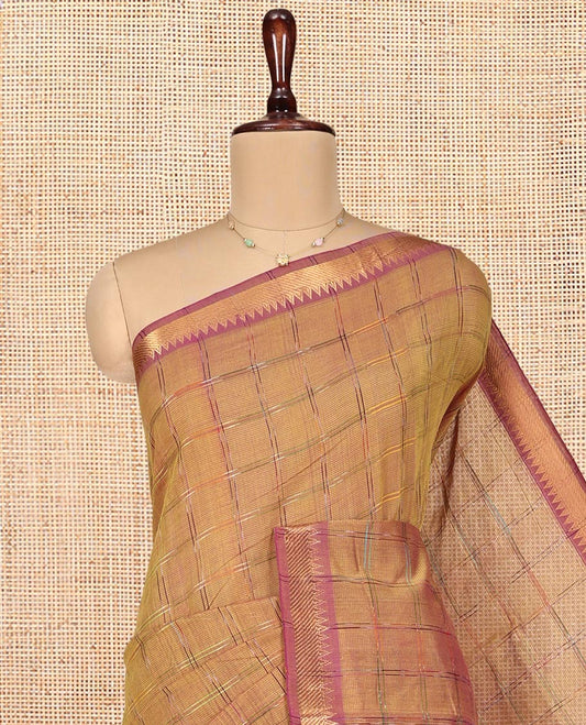 Mustard Checked Mangalgiri Cotton Saree, Complemented by Contrast Zari Temple Border, Zari-Striped Pallu, and Paired with a Contrast Blouse