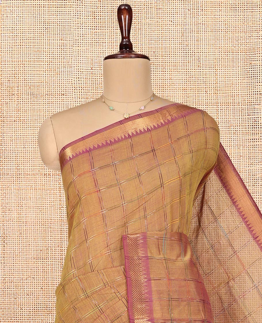Mustard Checked Mangalgiri Cotton Saree, Complemented by Contrast Zari Temple Border, Zari-Striped Pallu, and Paired with a Contrast Blouse