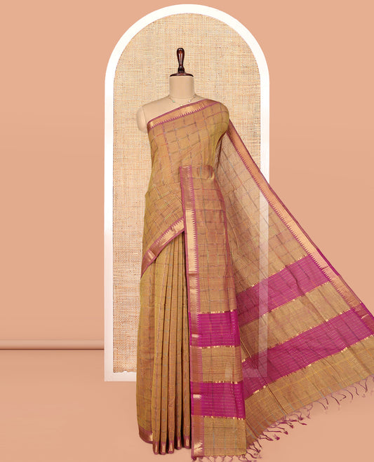 Mustard Checked Mangalgiri Cotton Saree, Complemented by Contrast Zari Temple Border, Zari-Striped Pallu, and Paired with a Contrast Blouse