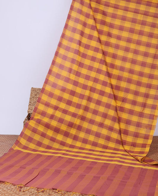 Borderless Multi coloured checked design khadi cotton saree with striped pallu design