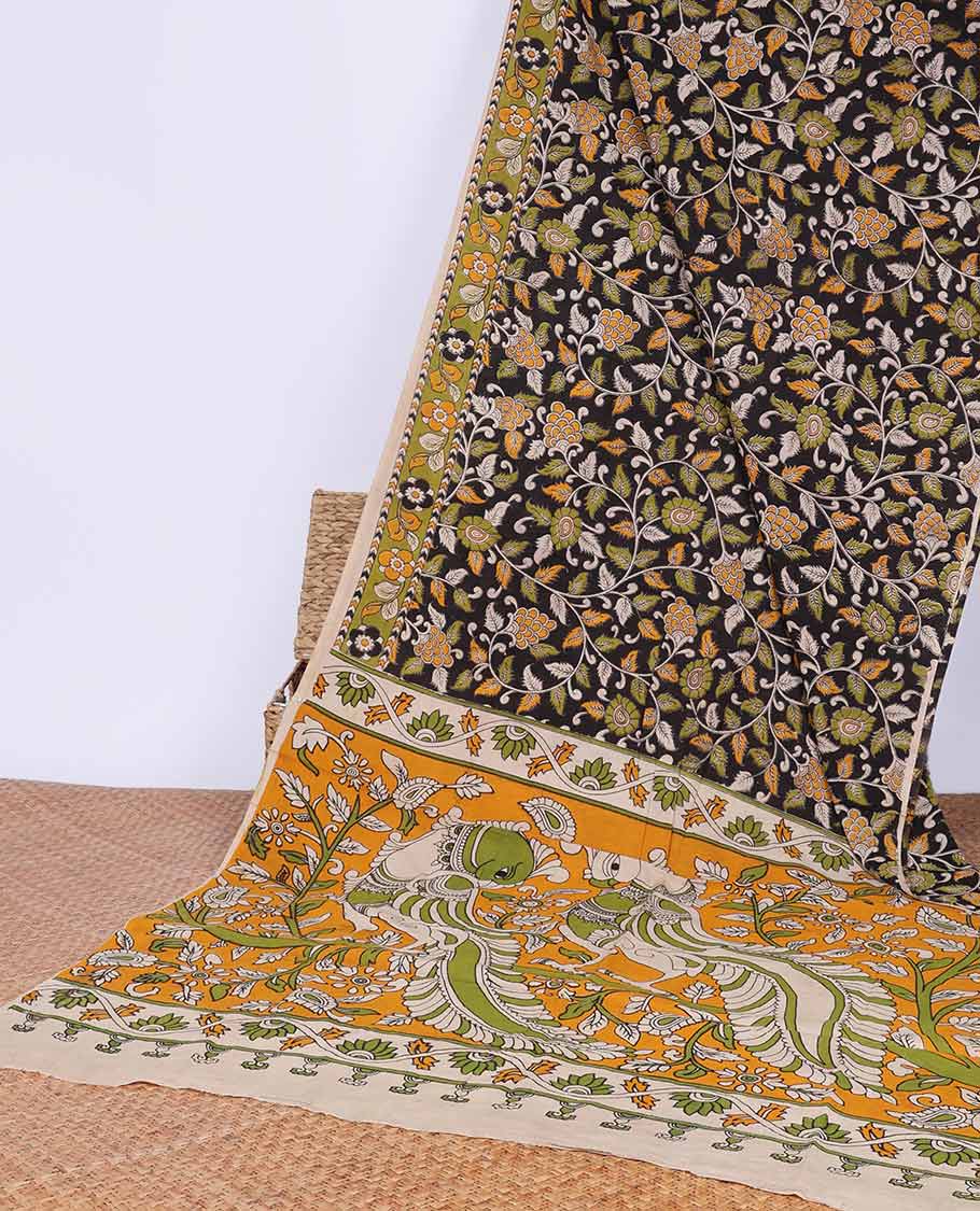 Black floral vine machine printed kalamkari cotton saree with contrast unique design border & animal design pallu