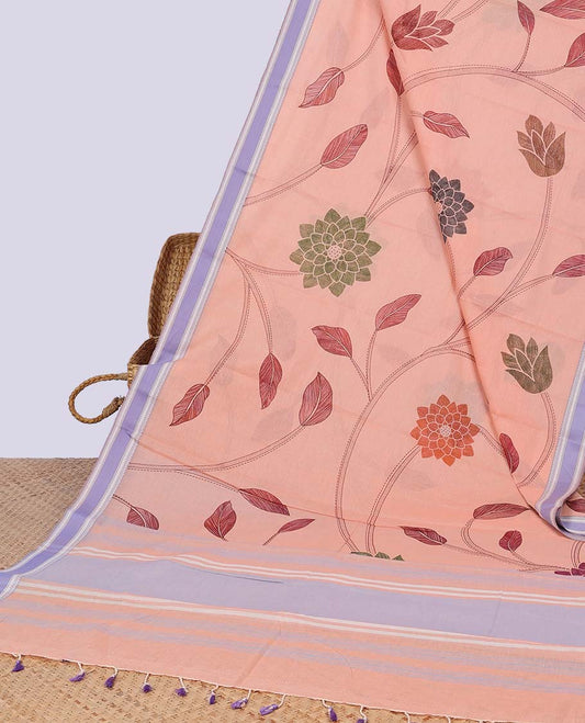 Peach floral design chirala cotton saree with contrast border & striped pallu