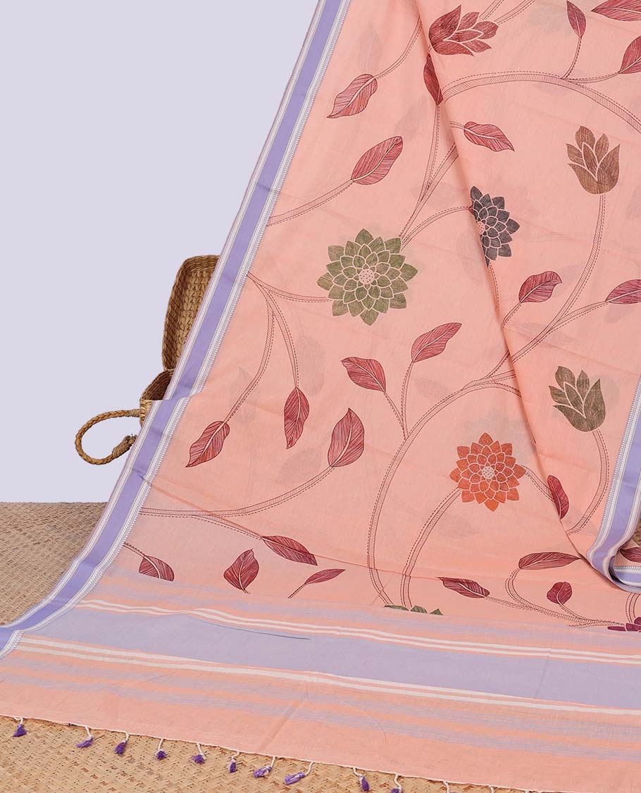 Peach floral design chirala cotton saree with contrast border & striped pallu