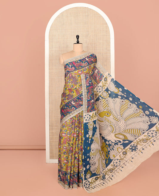 Green Kalamkari Cotton Saree, Styled with Flora-Peacock Print, Contrast Peacock Border, Pallu of Peacock Print, and a Matching Blouse