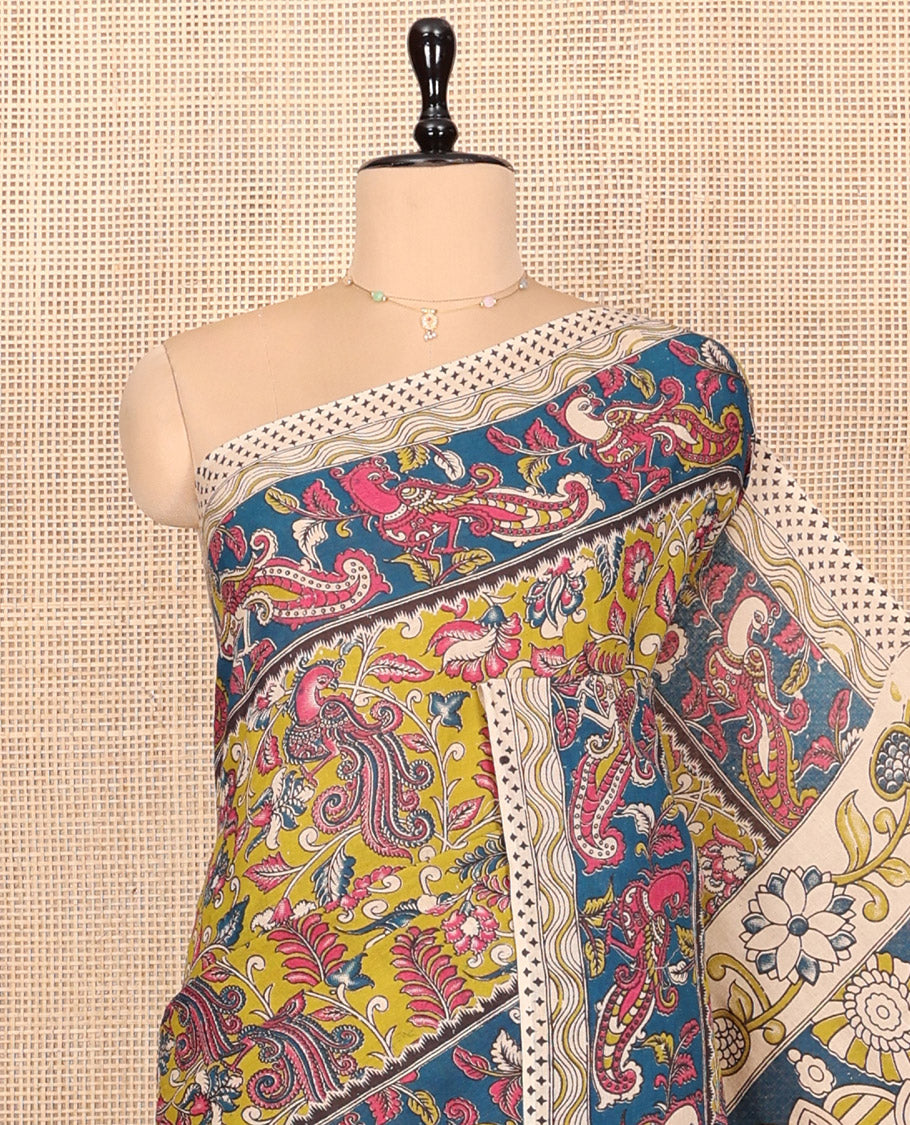 Green Kalamkari Cotton Saree, Styled with Flora-Peacock Print, Contrast Peacock Border, Pallu of Peacock Print, and a Matching Blouse