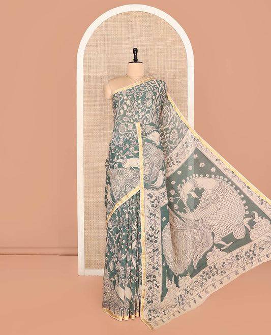 Grey Machine-Printed Kalamkari Cotton Saree Features Floral, and Fauna Motifs, a Piping Border, Pallu of Peacock, and a Matching Blouse