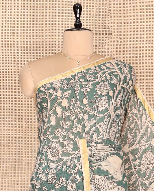 Grey Machine-Printed Kalamkari Cotton Saree Features Floral, and Fauna Motifs, a Piping Border, Pallu of Peacock, and a Matching Blouse