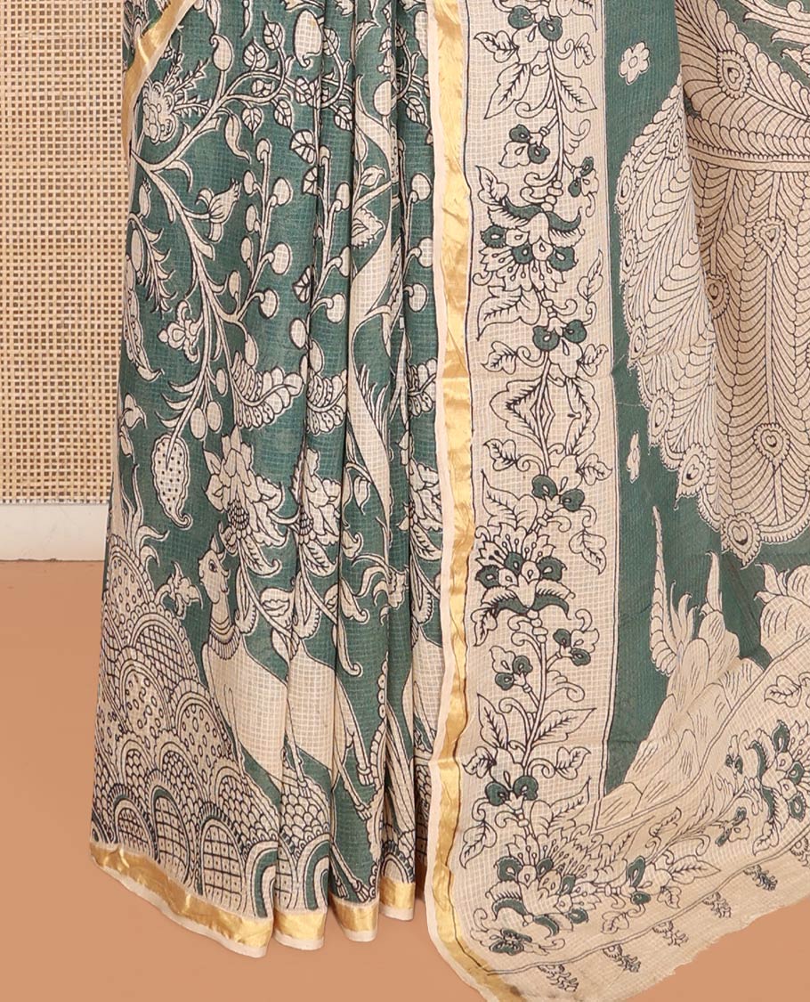 Grey Machine-Printed Kalamkari Cotton Saree Features Floral, and Fauna Motifs, a Piping Border, Pallu of Peacock, and a Matching Blouse