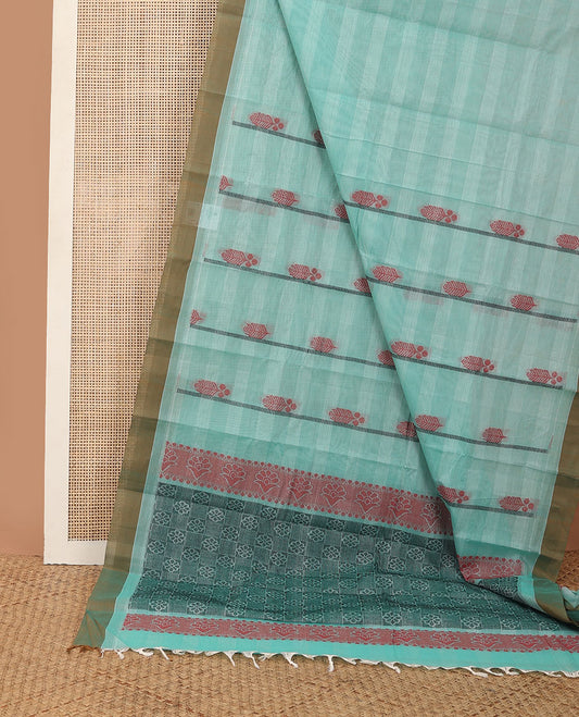 Blue striped kanchi cotton saree with buttas, contrast border & pallu of flower butta enclosed checks
