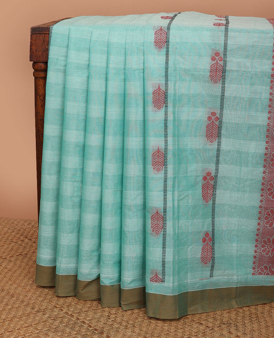 Blue striped kanchi cotton saree with buttas, contrast border & pallu of flower butta enclosed checks