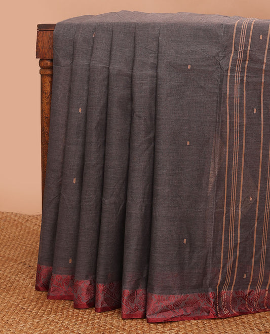 Brown buttas Bengal cotton saree, contrast floral creeper thread border & pallu of buttas & stripes