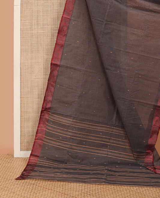 Brown buttas Bengal cotton saree, contrast floral creeper thread border & pallu of buttas & stripes