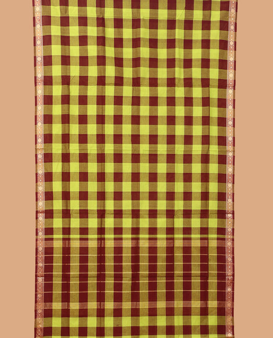 Multi-color checked nine-yard cotton saree, self-border, and pallu of stripes