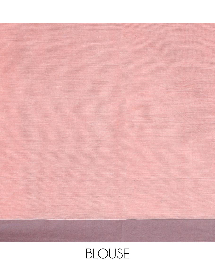 Pink circle buttas Kanchi cotton saree, contrast plain border, and rose floral design pallu