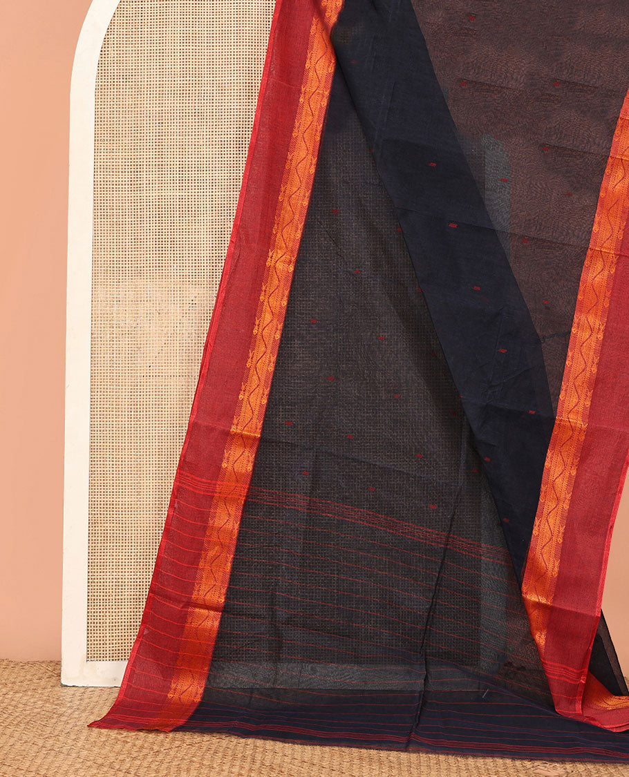 Black Bengal Cotton Saree, Woven with Thread Buttas, a Contrast Border, Striped Pallu, and No Blouse