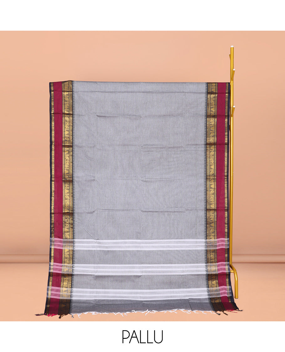 Grey Plain Chettinad Cotton Saree, Complemented by Contrast Rettai Pettu Traditional Design Temple Border, Striped Pallu, and Paired with a Matching Blouse