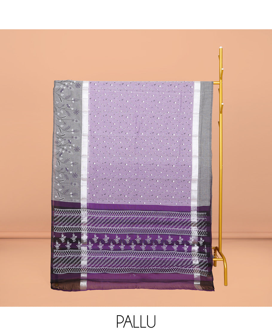 Lavender Chirala Cotton Saree, Steeped with Buttas, a Contrast Floral Border, Printed Pallu, and a Contrast Blouse
