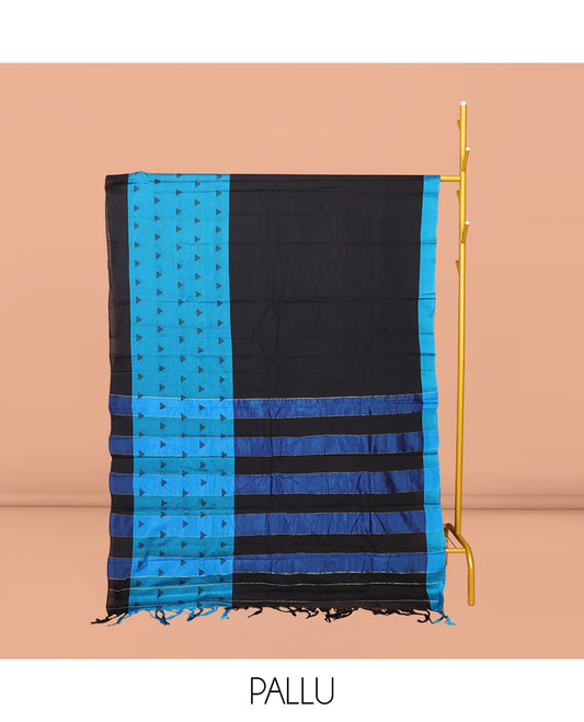 Black Plain Narayanpet Cotton Saree, Complemented by Contrast Temple Border, Striped Pallu, and Comes Without a Blouse