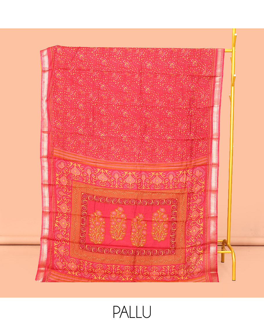 Red Mul Mul Cotton Saree Featuring a Floral-Paisley Print, a Subtle Traditional Border, a Floral-Printed Pallu, and a Matching Blouse