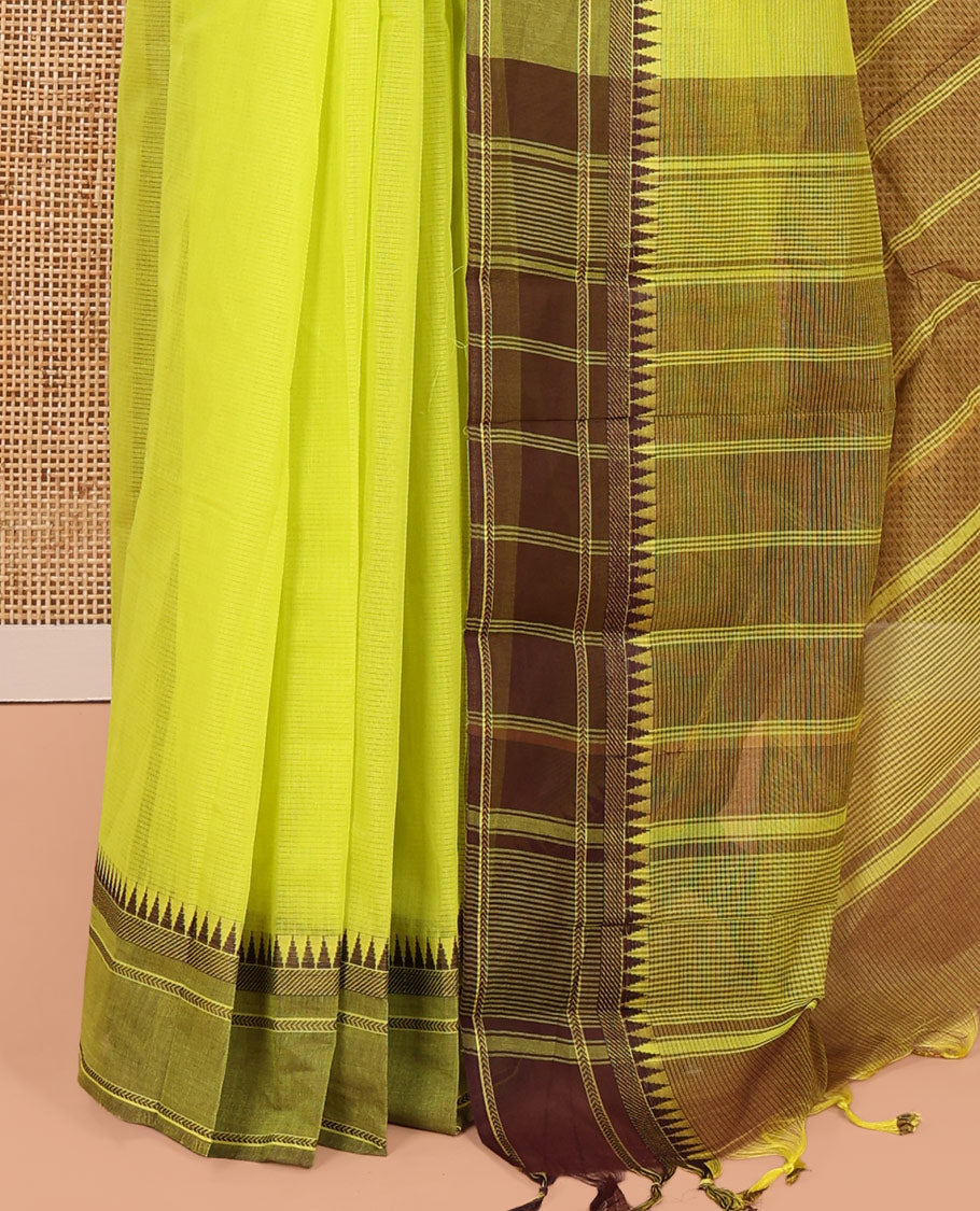 Green Andhra Cotton Saree, Sparsely Woven with Stripes, a Contrast Temple Thread Border, Contrast Striped Pallu, and a Contrast Blouse