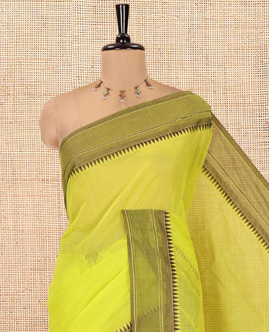 Green Andhra Cotton Saree, Sparsely Woven with Stripes, a Contrast Temple Thread Border, Contrast Striped Pallu, and a Contrast Blouse