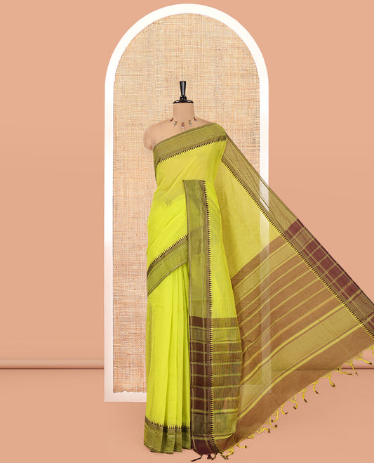 Green Andhra Cotton Saree, Sparsely Woven with Stripes, a Contrast Temple Thread Border, Contrast Striped Pallu, and a Contrast Blouse
