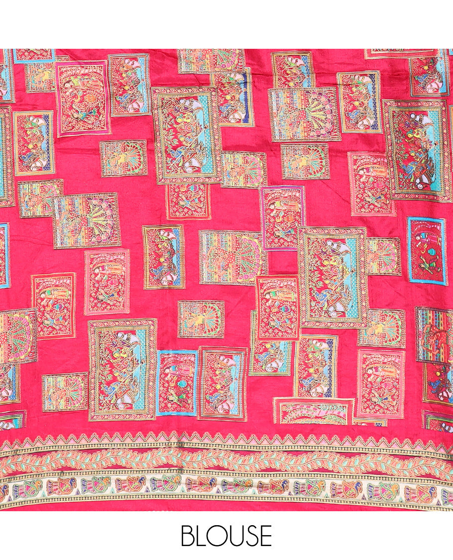 Light sandal-base kaleidoscopic colored ancient Madhubani stories printed dola silk saree
