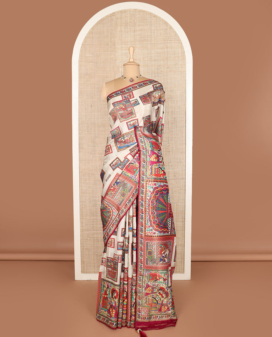 Light sandal-base kaleidoscopic colored ancient Madhubani stories printed dola silk saree