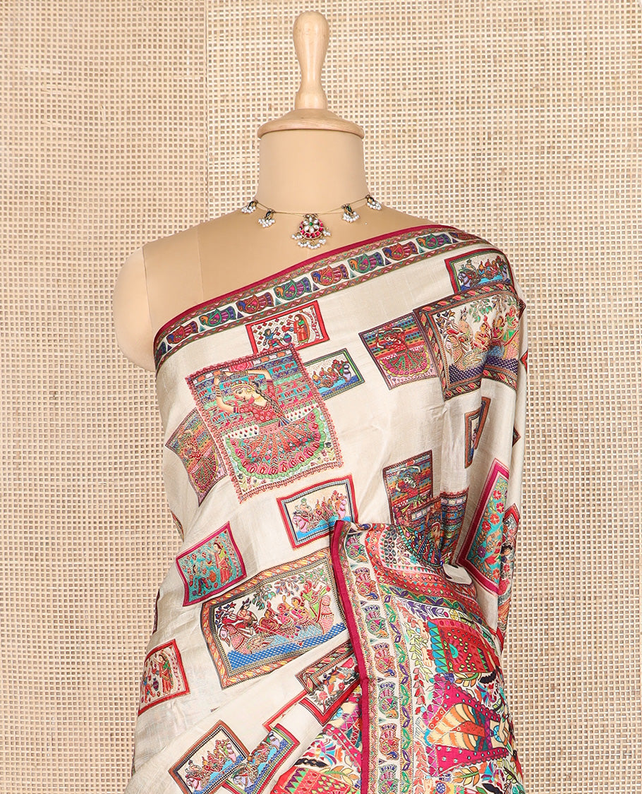 Light sandal-base kaleidoscopic colored ancient Madhubani stories printed dola silk saree