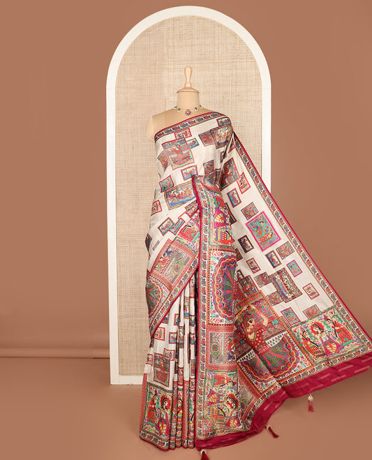 Light sandal-base kaleidoscopic colored ancient Madhubani stories printed dola silk saree