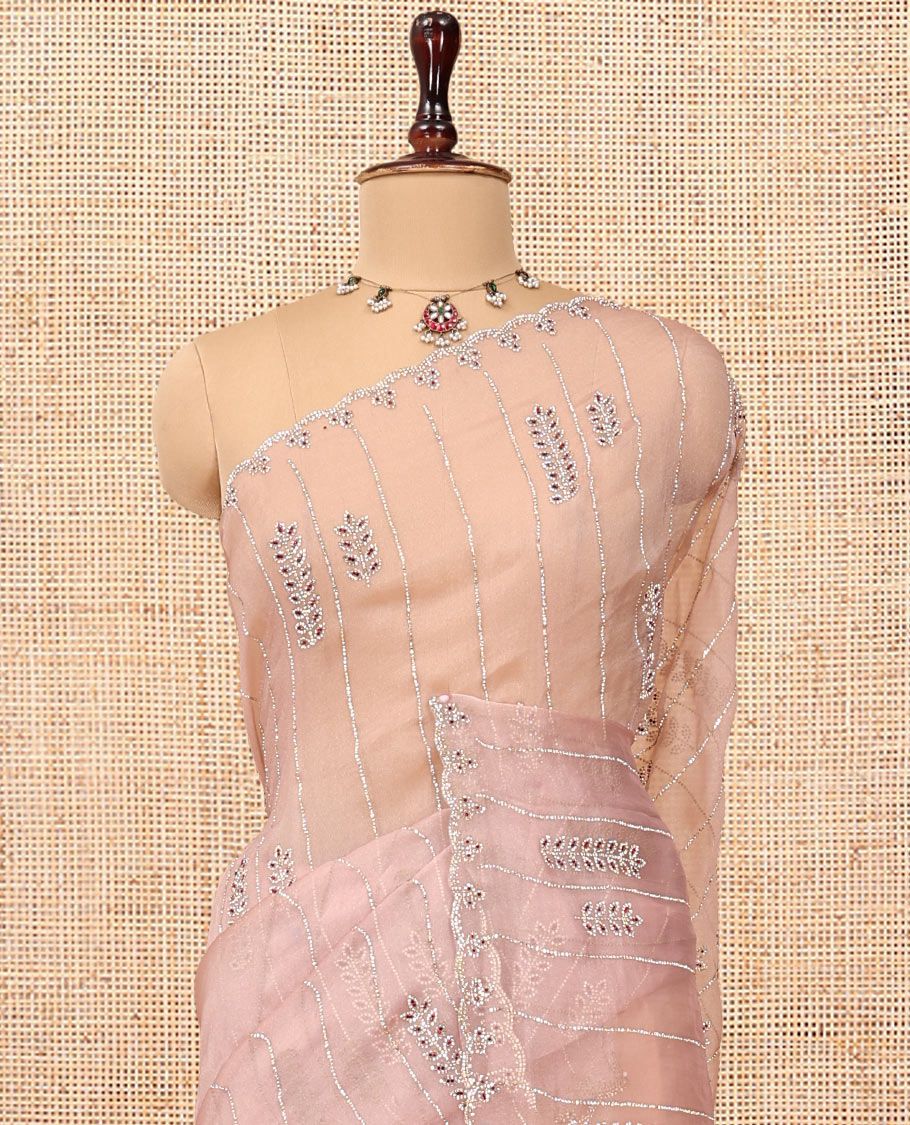 Peach Swarovski and Meena Stonework Organza Designer Saree with Scallop Border, Matching Blouse