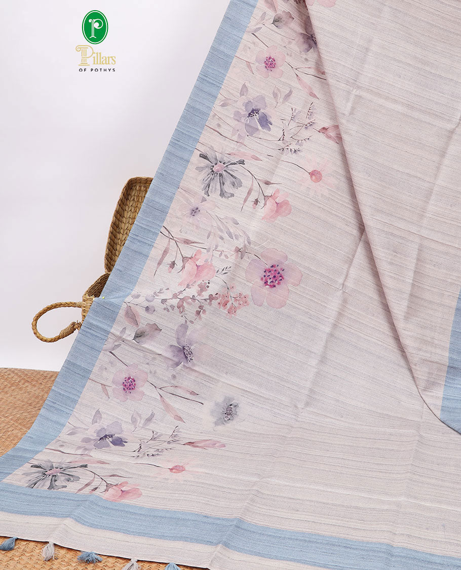 Cream floral digital printed semi-banaras tussar saree with contrast plain border