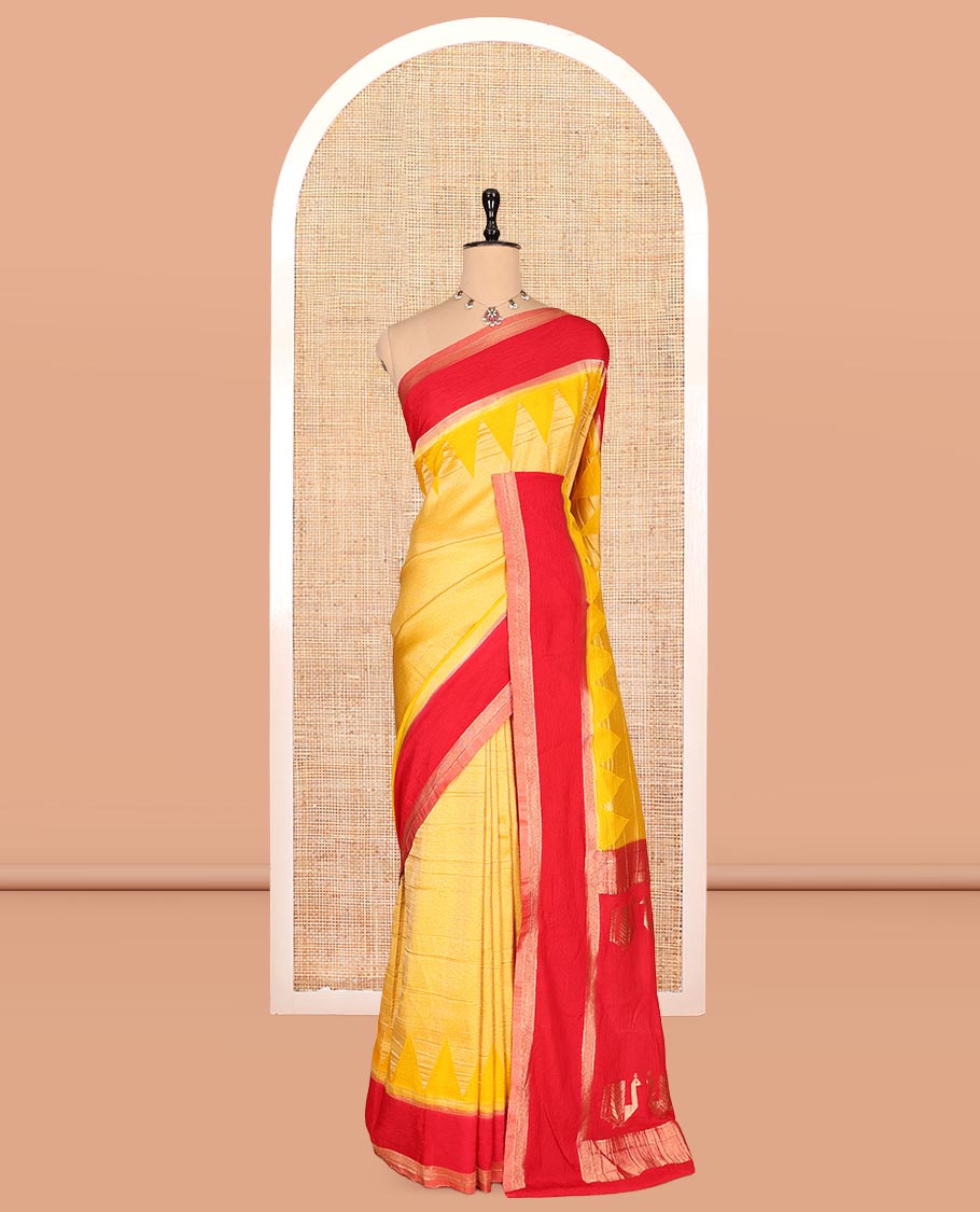 Yellow Wrinkle Crepe Saree, Contrast Temple Border, Peacock Pallu, and a Contrast Blouse