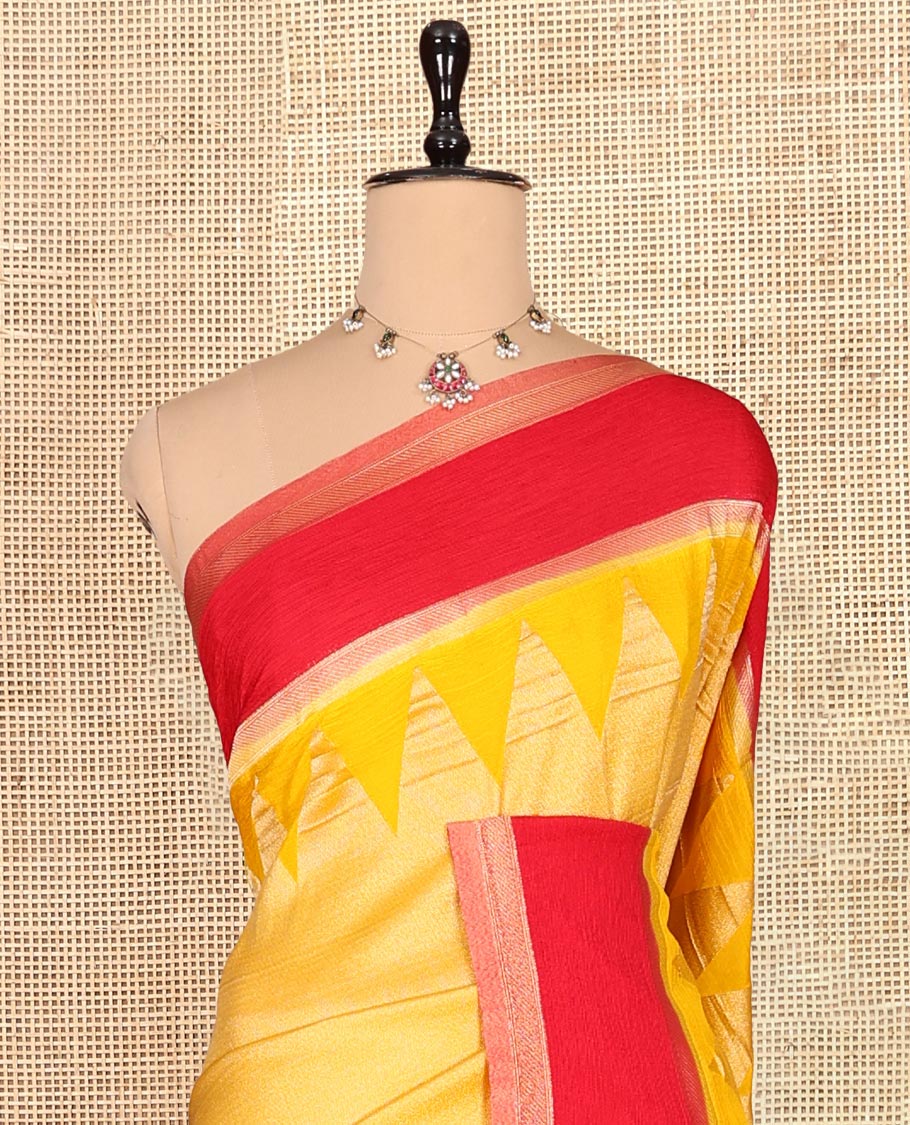 Yellow Wrinkle Crepe Saree, Contrast Temple Border, Peacock Pallu, and a Contrast Blouse